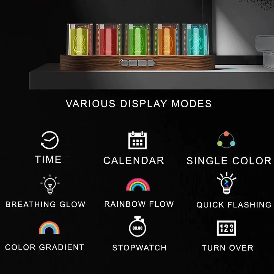 RGB Luminotron LED digital clock showing colourful display on desktop