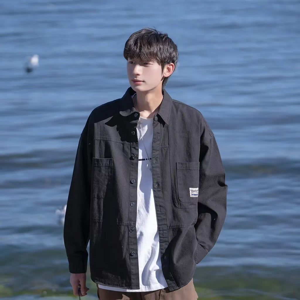 Men's cotton work shirt jacket in black, loose fit cardigan style with square collar