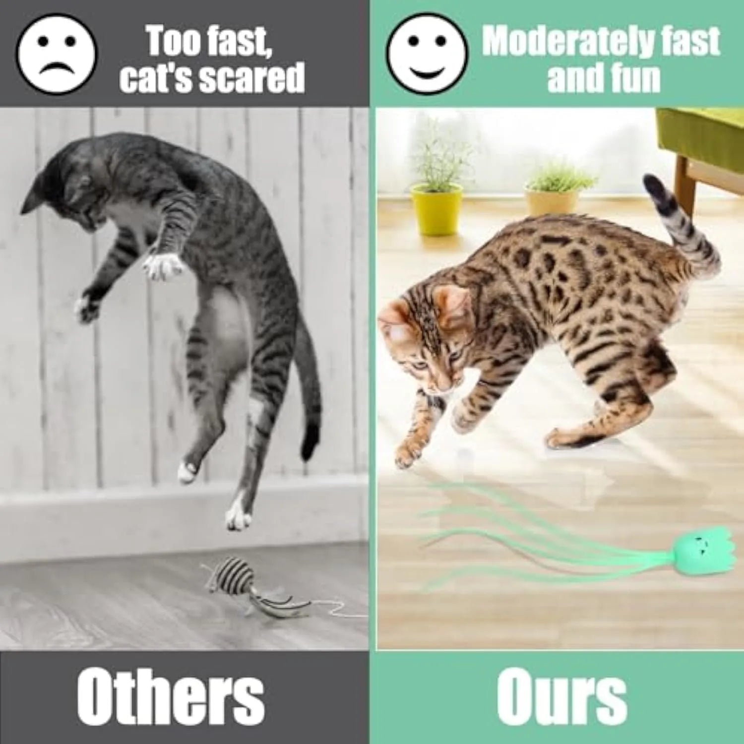 Green electronic cat wand toy with swinging silicone tails for indoor cat play