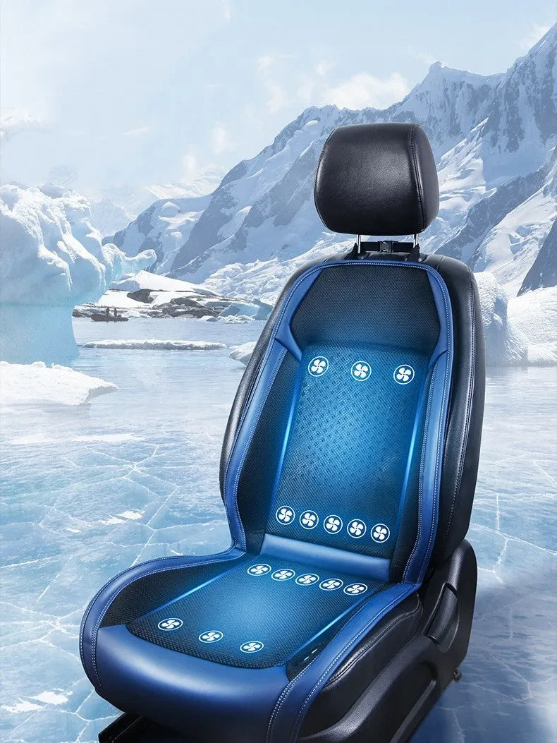 Black car seat cooling pad with USB power cable on vehicle seat