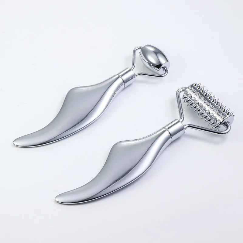 Stainless steel facial massage roller and scraping plate set with heart-shaped eye meridian design