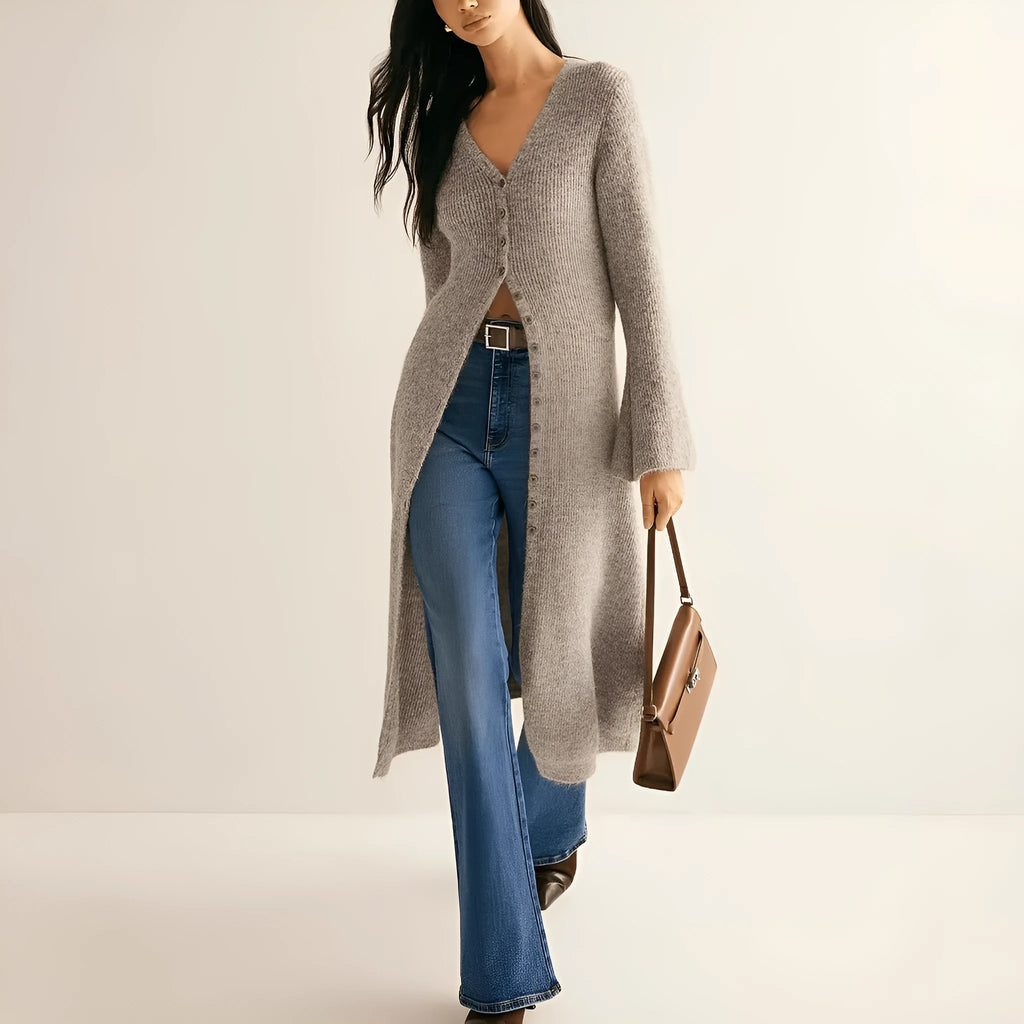 Khaki women's long sleeve cardigan coat with button-front closure in a retro French style.