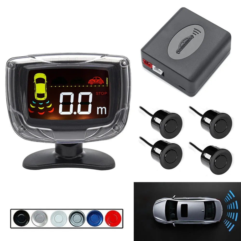 Wireless reversing sensor system with digital display and four ultrasonic probes for vehicle installation