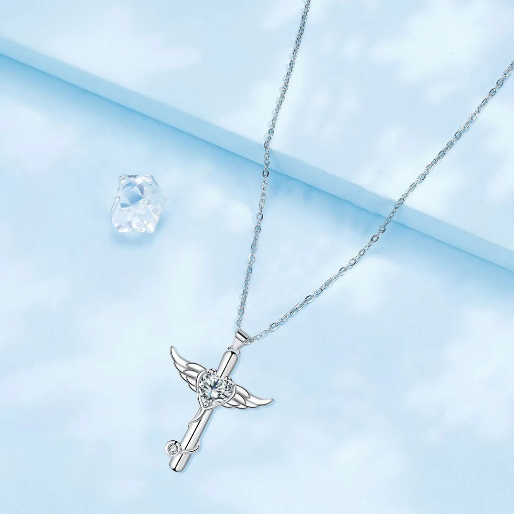 Cross stethoscope necklace with wings charm in electroplated copper, red diamond and white diamond colour options