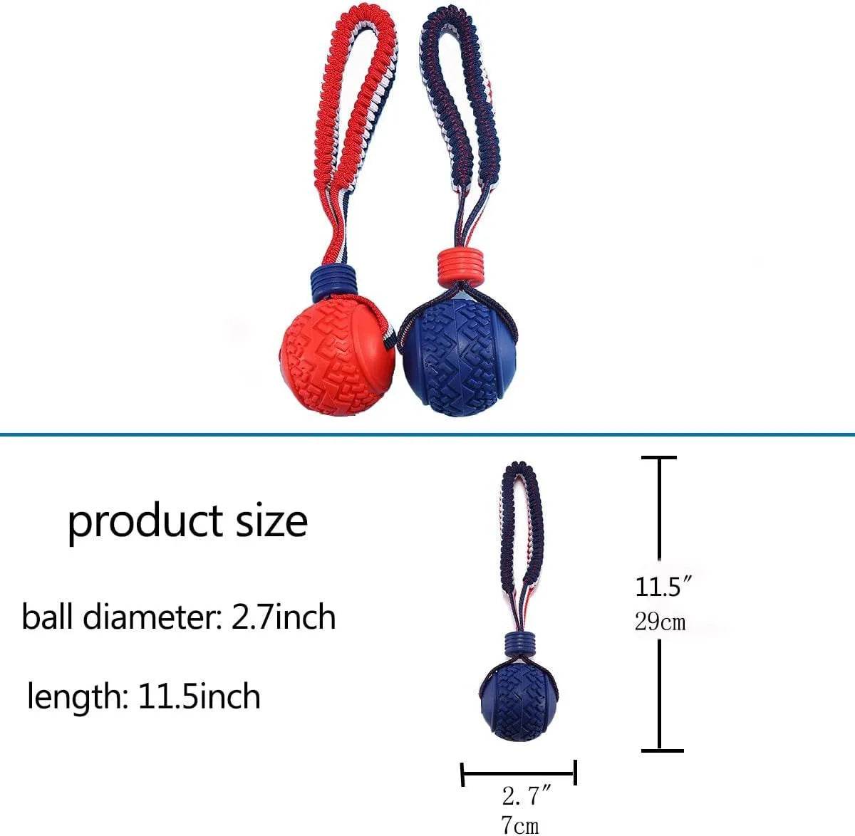 Blue rubber dog ball with attached rope for tug-of-war games