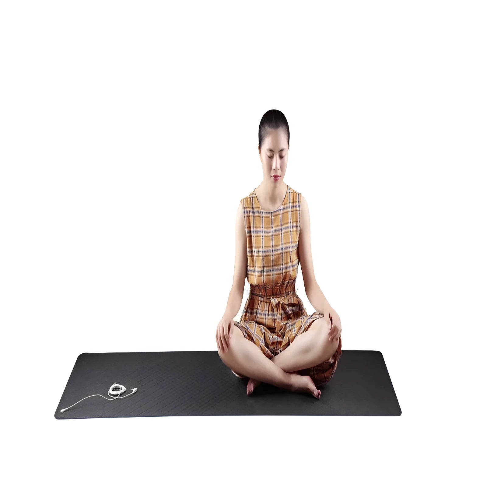 Blue conductive yoga mat with plant pattern and grounding wire, dimensions 182cm by 61cm.