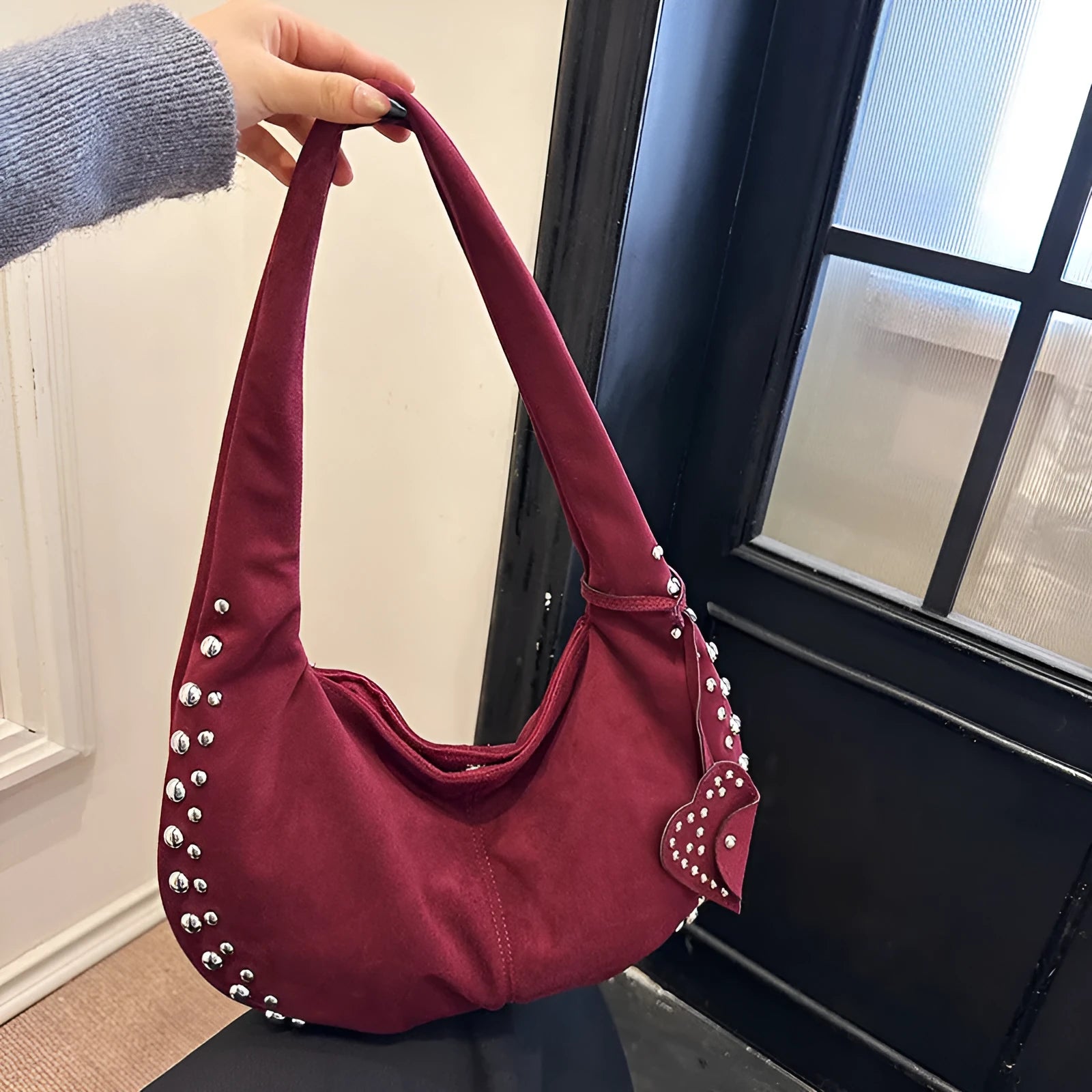 Soft plush underarm tote handbag in retro style showing black colour variant