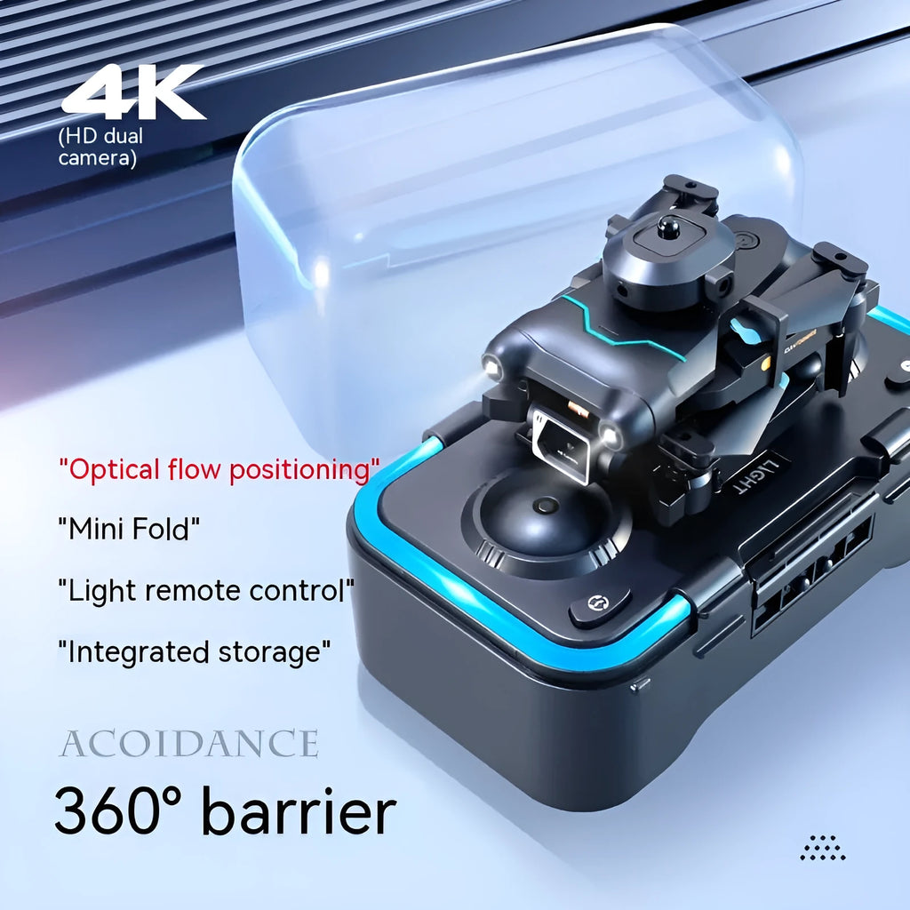 Black four-axis aerial drone with propellers and dual camera system on a compact plastic body.
