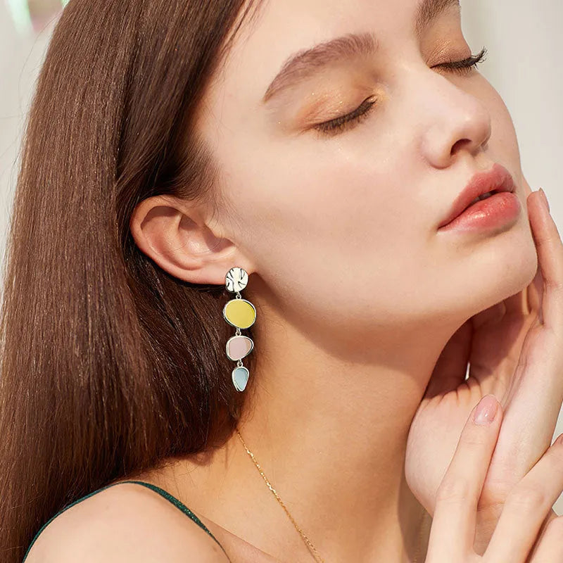 Sterling silver alloy earrings with Morandi three-colour oil drip finish on wafer disc design