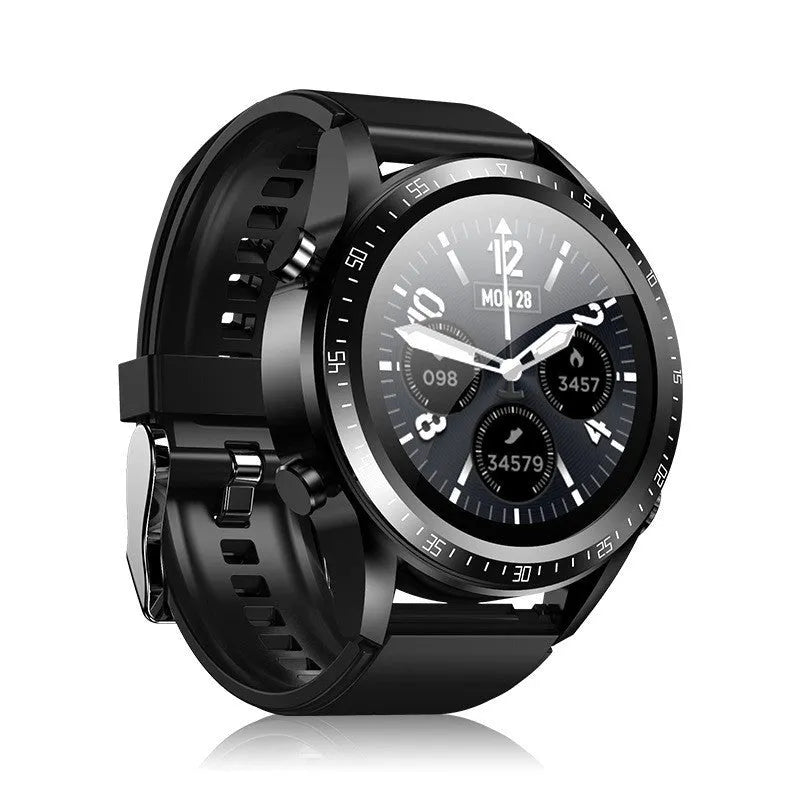Black smart watch with silicone strap displaying blood pressure and oxygen data on its 1.28-inch colour screen.