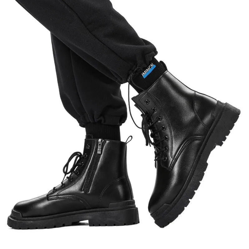 Men's black mid-top waterproof leather boots with rubber soles