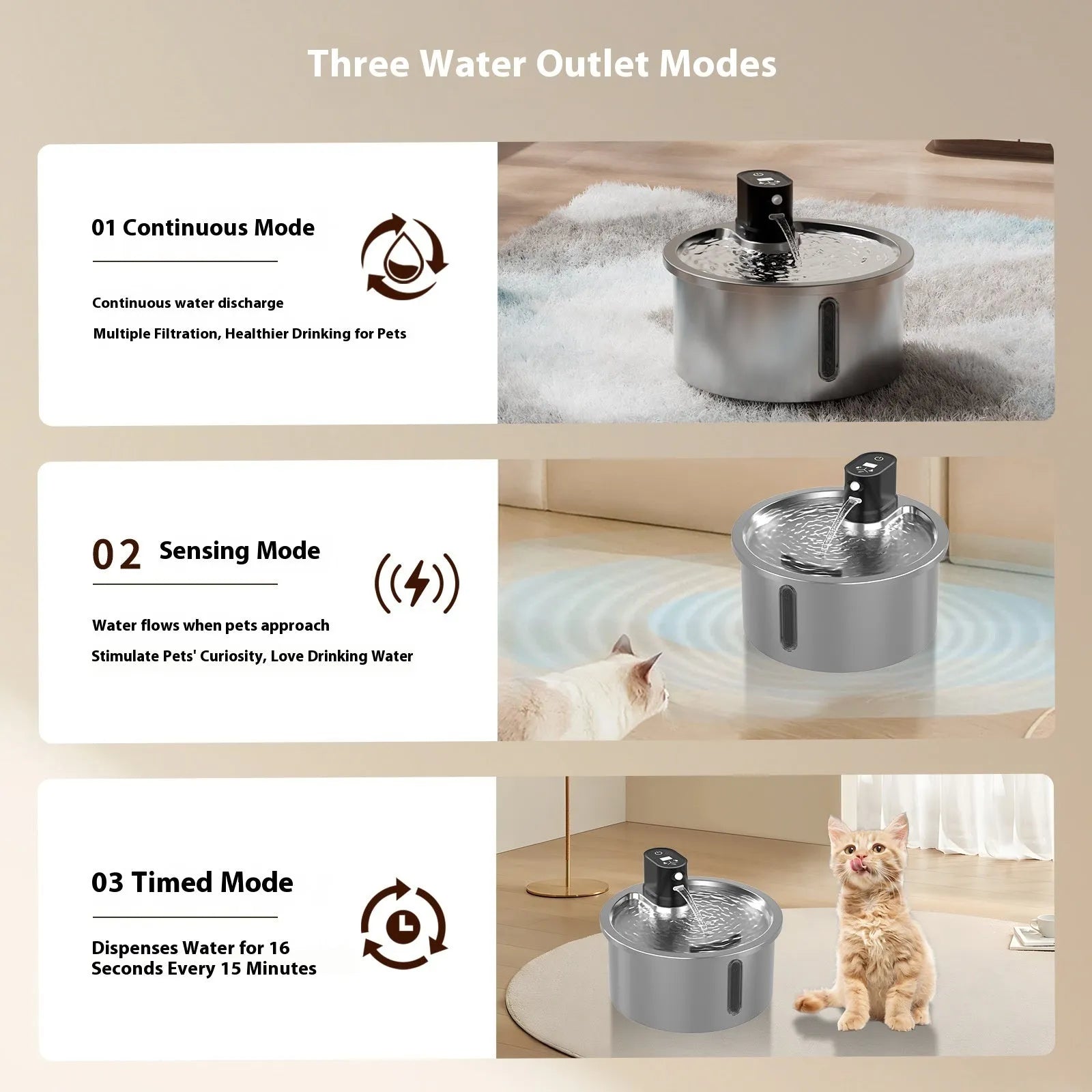 Stainless steel pet water fountain with heating base for cats and dogs