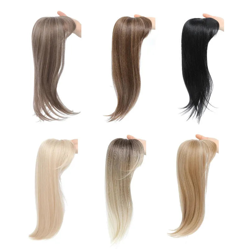 Synthetic clip-in hair wig with inner buckle attachment in one of six colour styles.