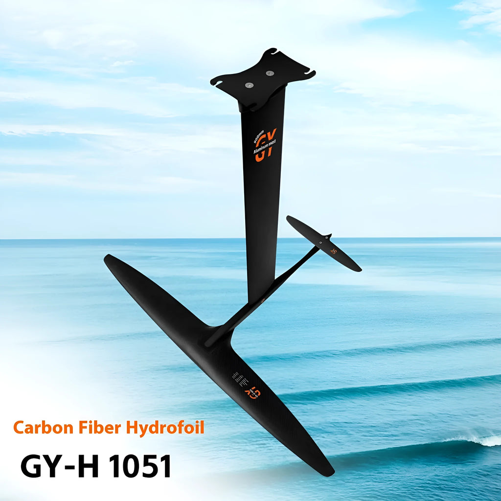 Black carbon fibre racing hydrofoil surfboard with 1051mm front wing