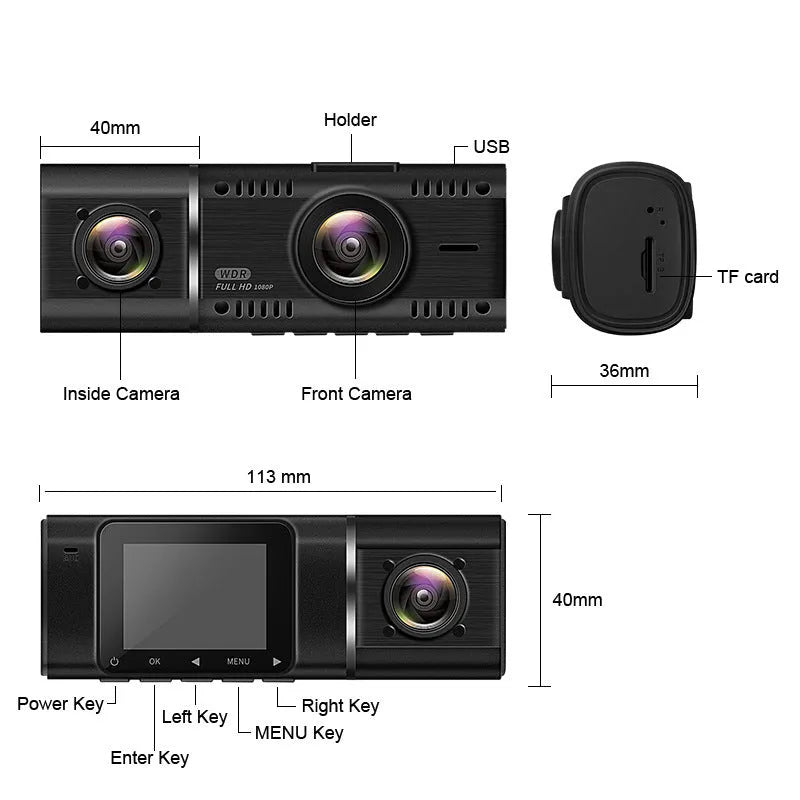 Standard black 1080p dash cam with 1.5-inch screen shown with car charger and mounting stand.