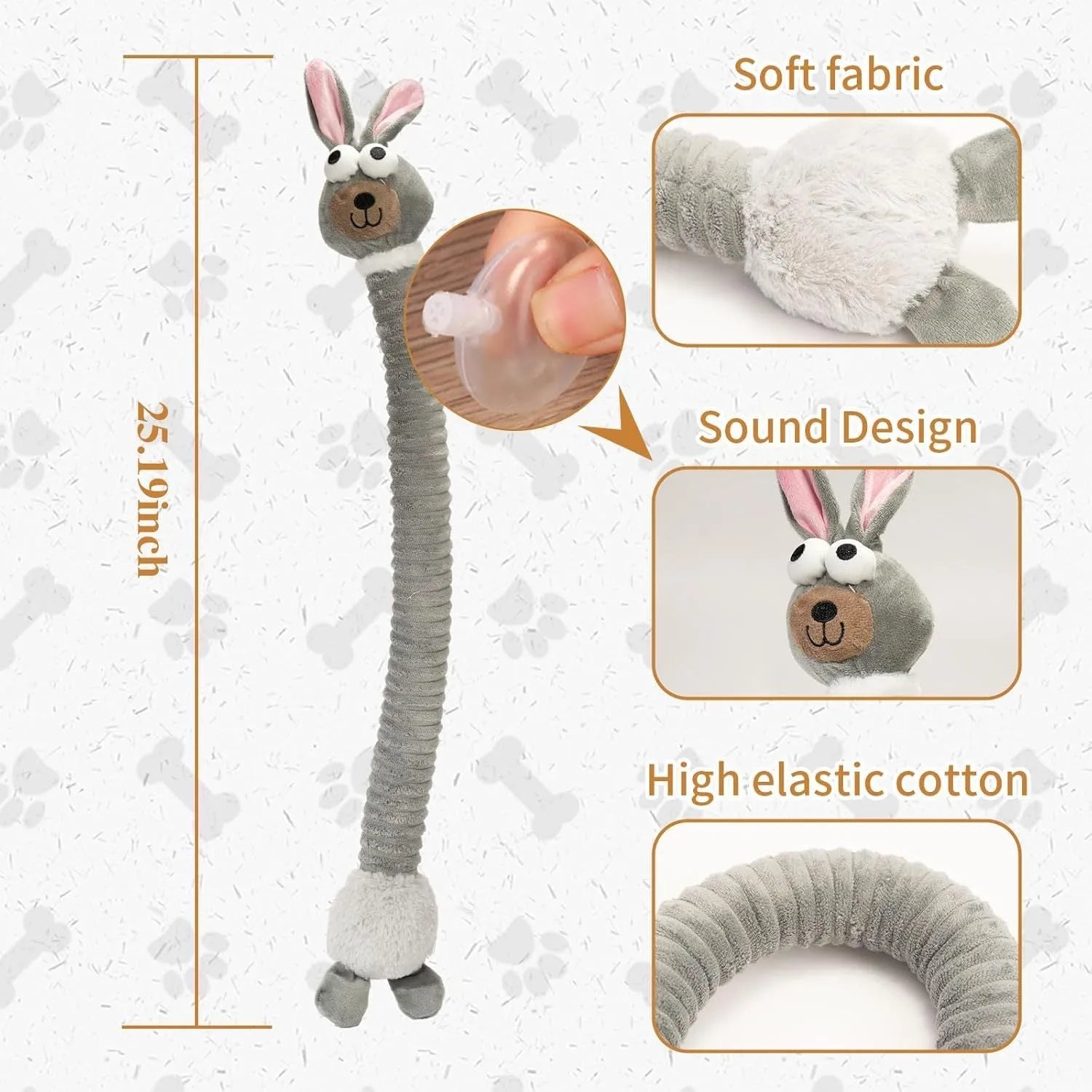 Brown, grey, and yellow plush dog toys with squeaker and crinkle features for teething and play