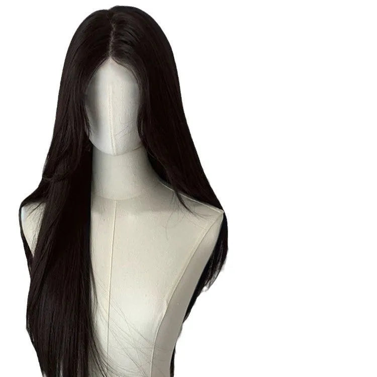 Forehead lace long straight full-head wig in dark brown with side bangs styling