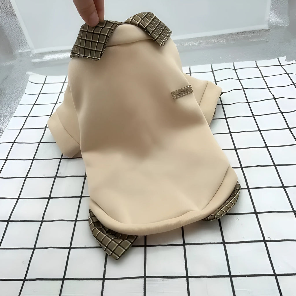 Grey two-piece dog sweater with detachable collar hoodie on a pet model