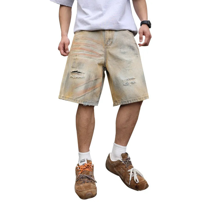 Light blue men's denim shorts with a washed finish and ripped detailing on a straight-leg cut.