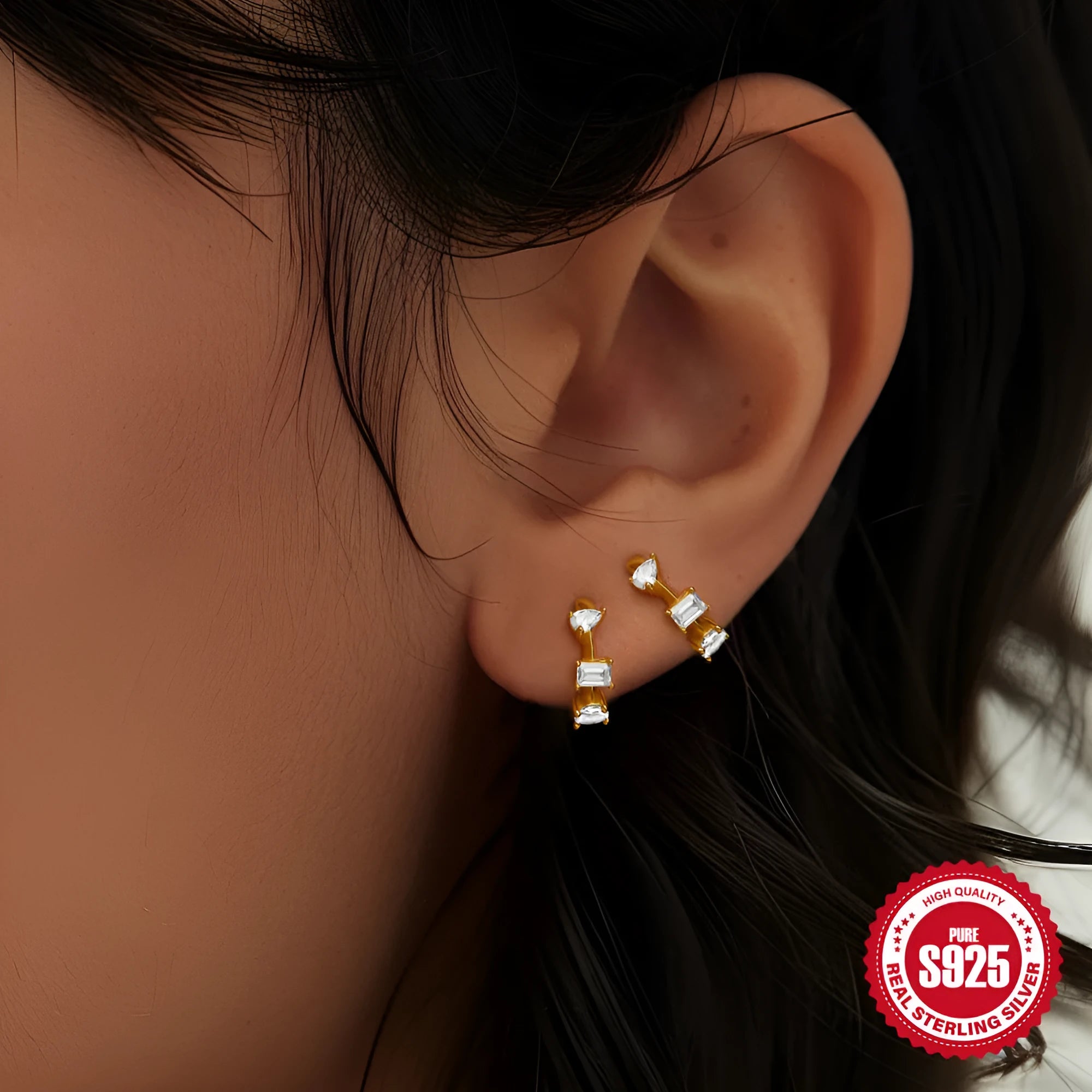 Sterling silver geometric stud earrings with diamond accents in gold or silver electroplated finish