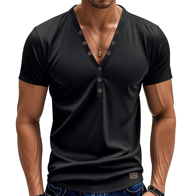 Men's loose V-neck pullover top in light blue with button detail, shown for sports casual wear.