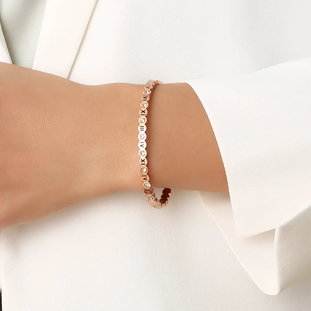 Titanium steel Korean style bracelet with engraved numbers in gold, rose gold or steel colour options
