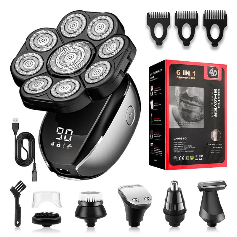 Black rechargeable 6-in-1 hair clippers and shaver kit with multiple grooming attachments