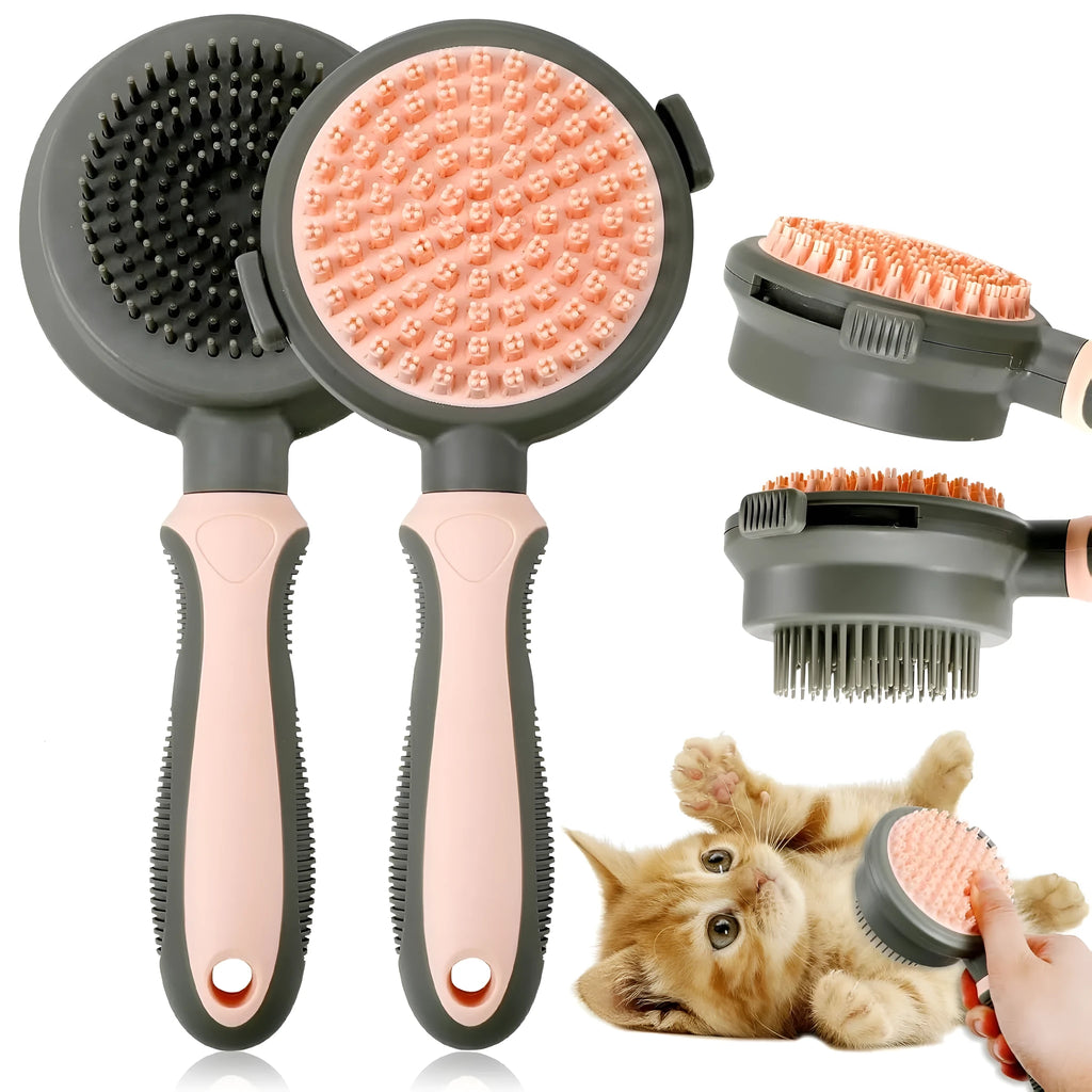 Double-sided cat brush with release button and flea comb in pink and green options