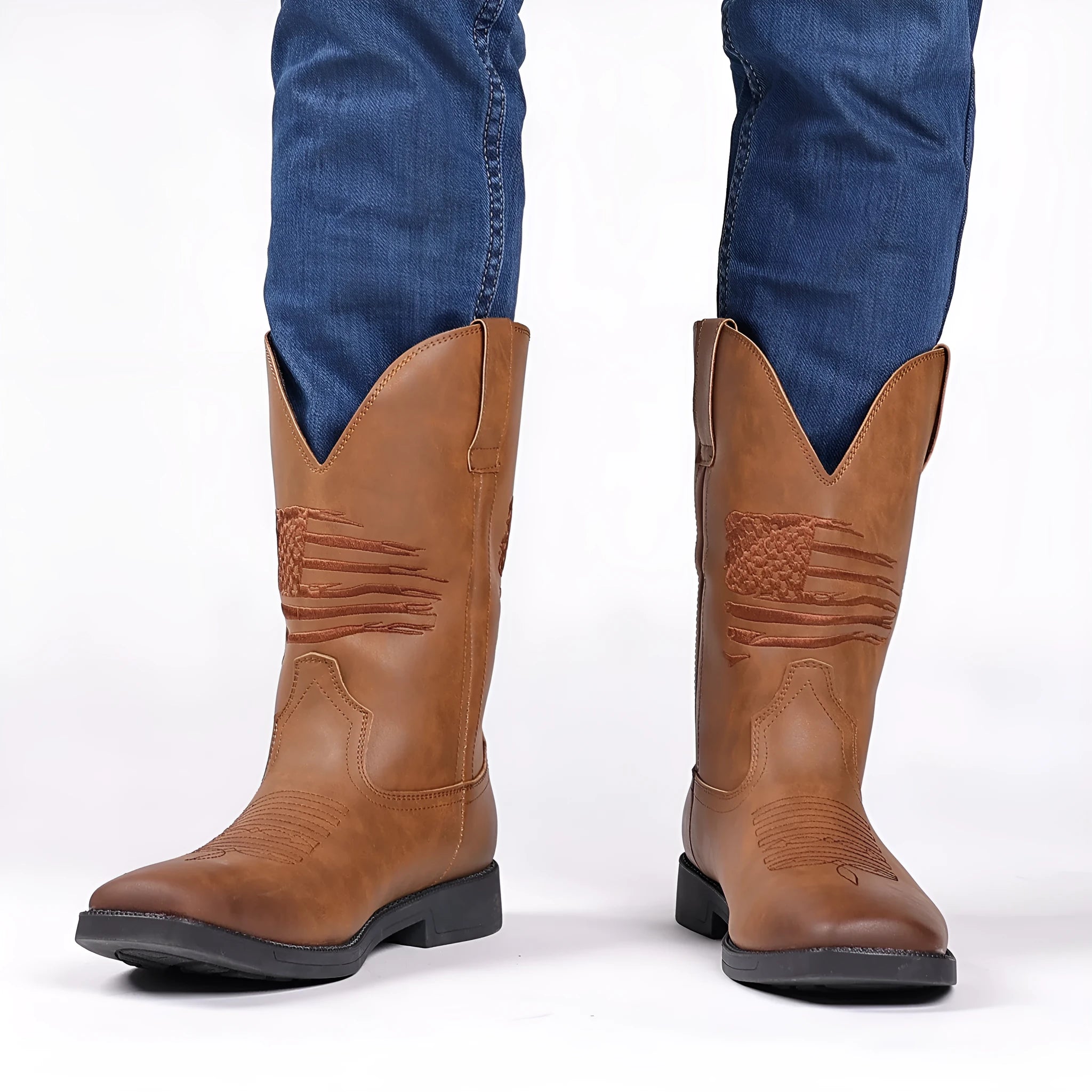 Men's brown retro cowboy boots with high embroidered wide shaft and square toe
