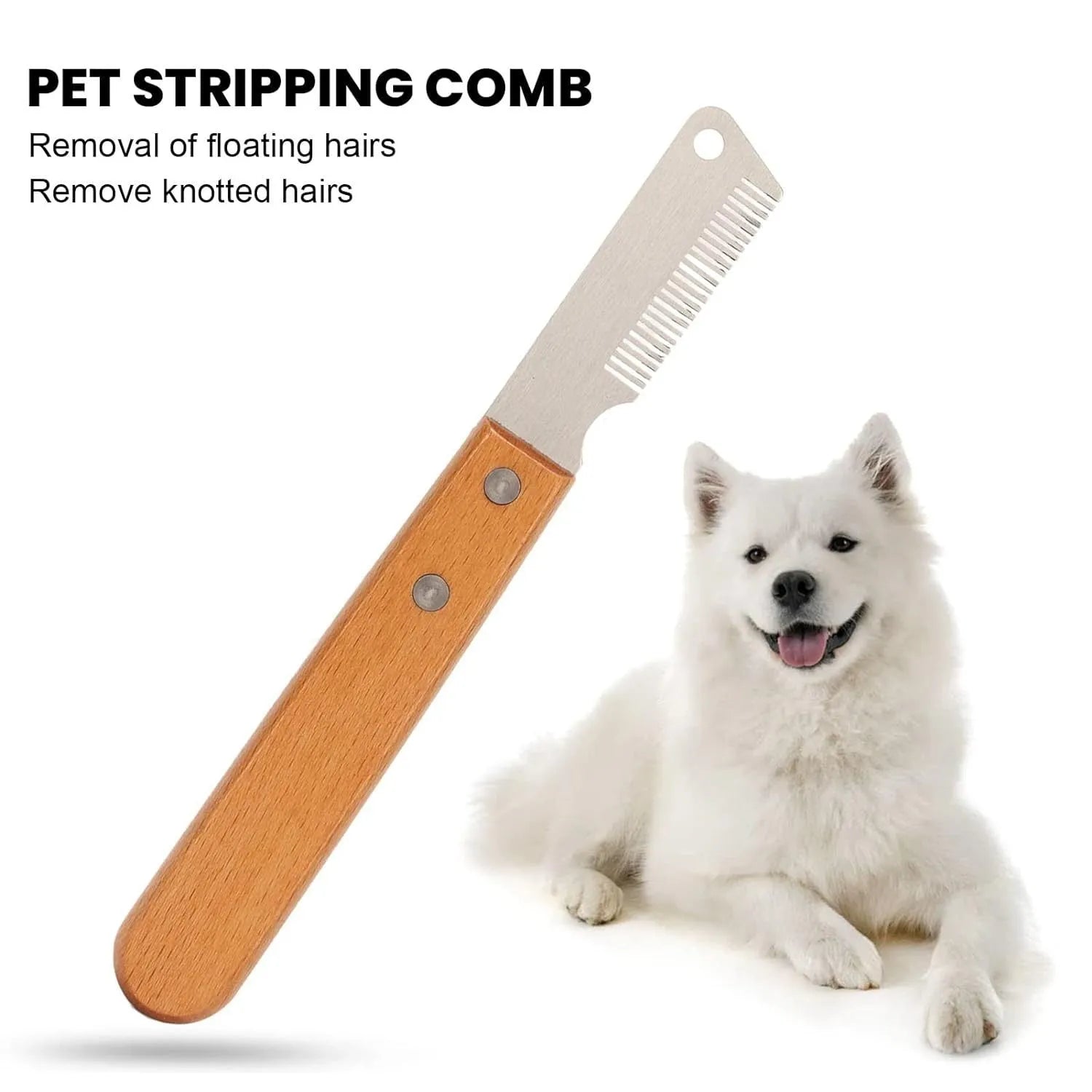 Pet stripping comb with wooden handle and metal fittings in two sizes