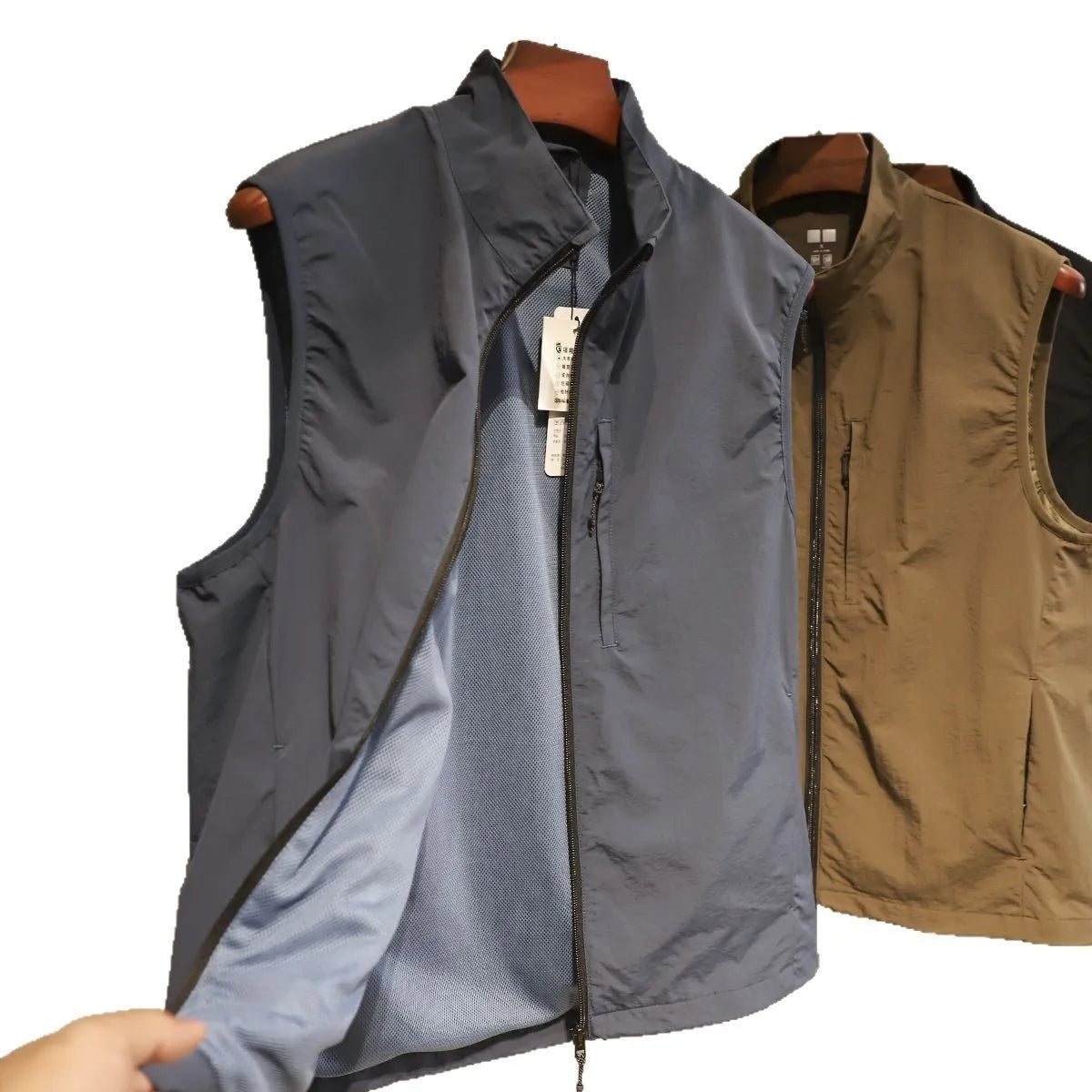 Men's quick-drying nylon vest cardigan with side pockets in army green colour
