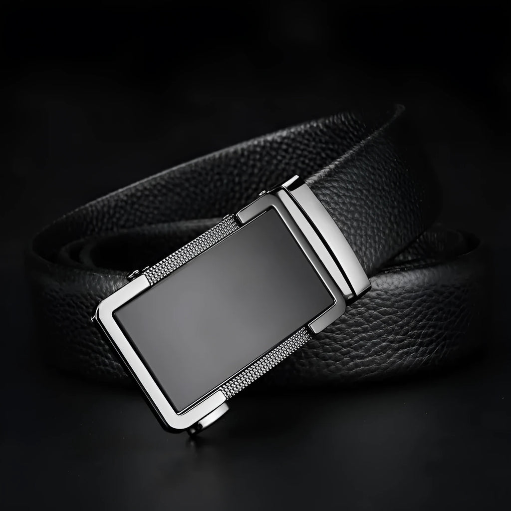Men's automatic buckle leather belt in gold, gun black, or silver with alloy buckle