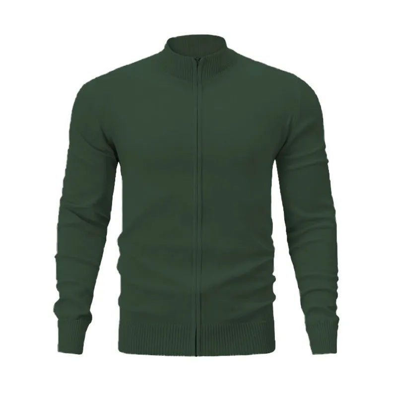Men's stand collar casual sports sweater with front zipper in a solid colour.