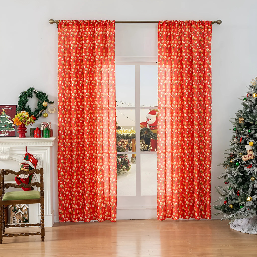 Christmas curtain with snowman and angel cartoon print in green or red colour