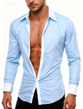 Blue long-sleeved business shirt for teenagers with white contrast collar and cuffs