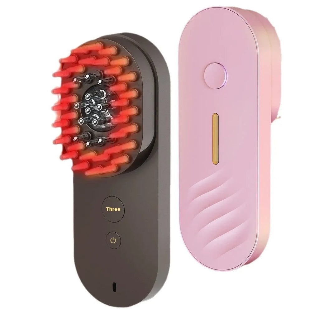 Pink and black smart massage comb for scalp care with red light therapy, less than 10cm long