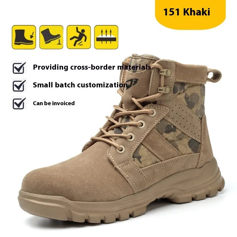 Khaki suede high-top combat boots with steel toe caps and lace-up closure for outdoor protection