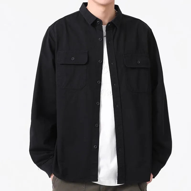 Men's loose fit long sleeve cardigan shirt in polyester available in light grey, black, khaki and green colours