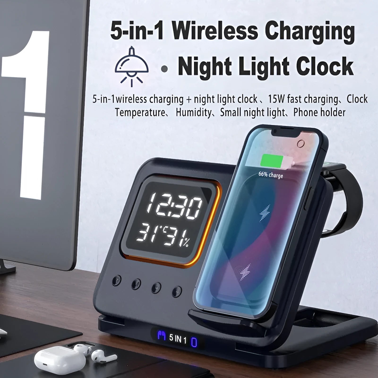 Black and white 5-in-1 wireless charging station with phone, watch and headphone docks, LED clock display