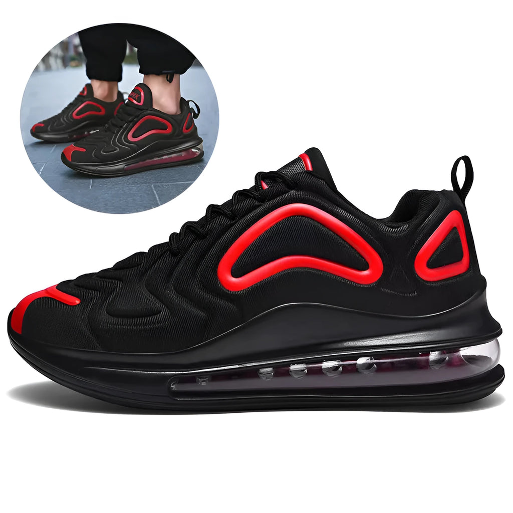 Men's black lace-up sneakers with air cushion technology and thick sole for running