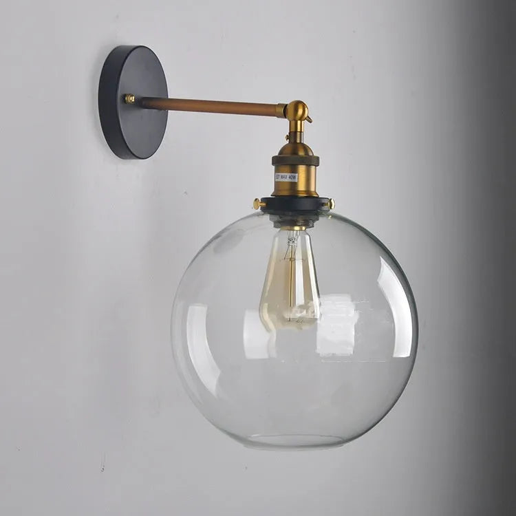 20cm retro round ball glass wall lamp with aluminium holder in transparent, amber or smoke grey