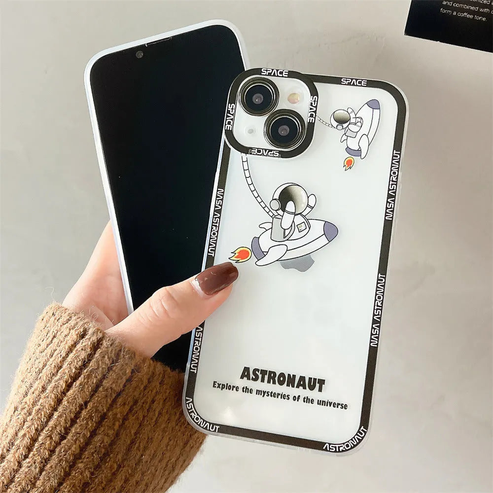 Transparent silicone phone case with astronaut print for iPhone models