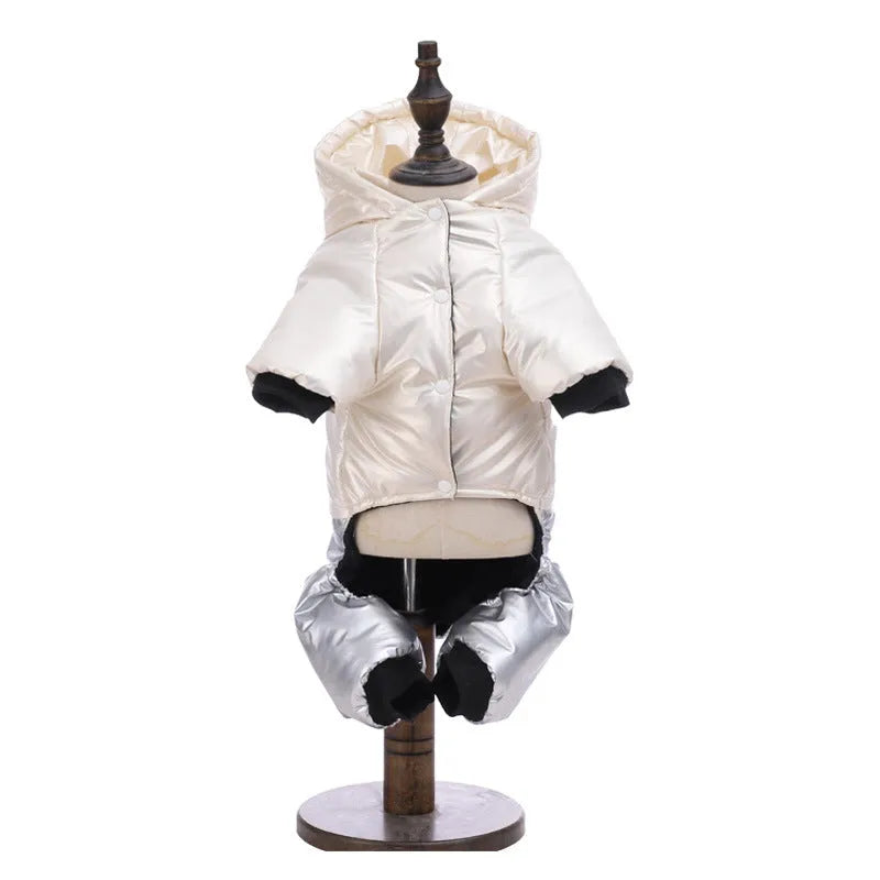 Green waterproof cotton dog coat with four-legged design on medium-sized dog
