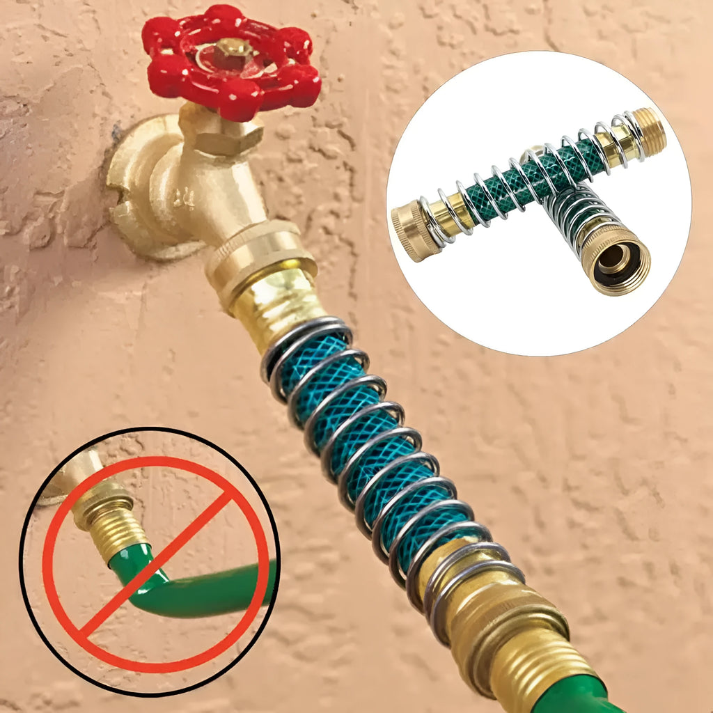 Brass garden hose spring connector with spiral visible inside, shown next to a tape measure indicating 15 cm length.