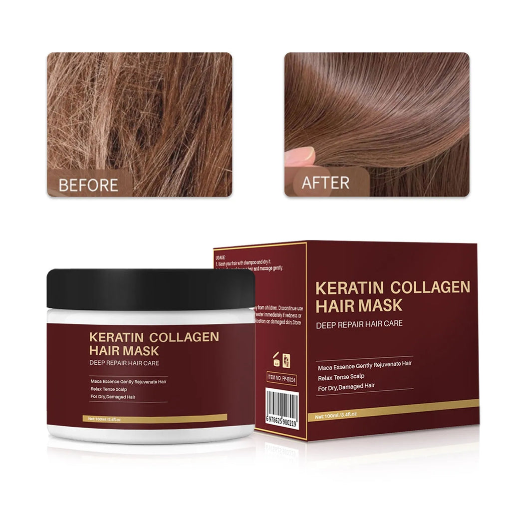 100ml pot of collagen protein hair mask for moisturising and repairing dry hair.