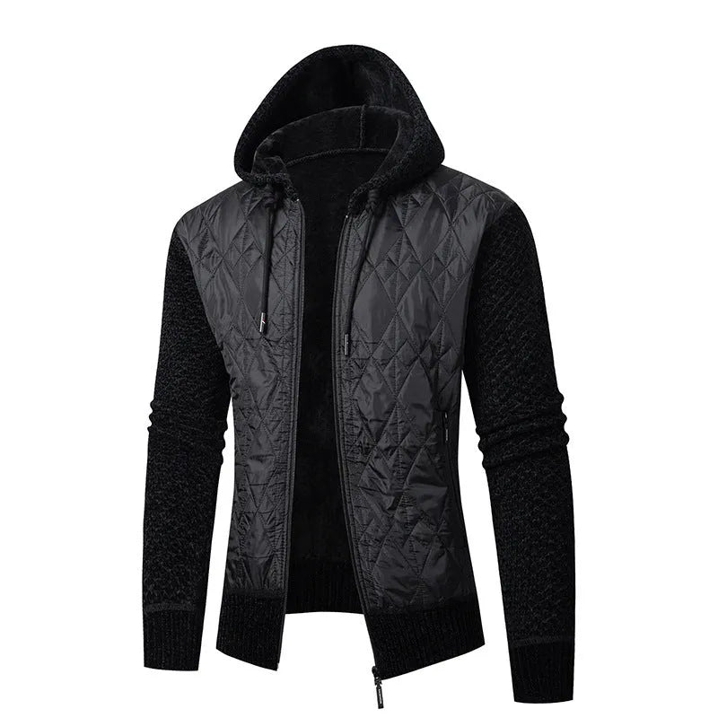Men's grey corduroy hooded sweater coat with cinched waist and wool composition