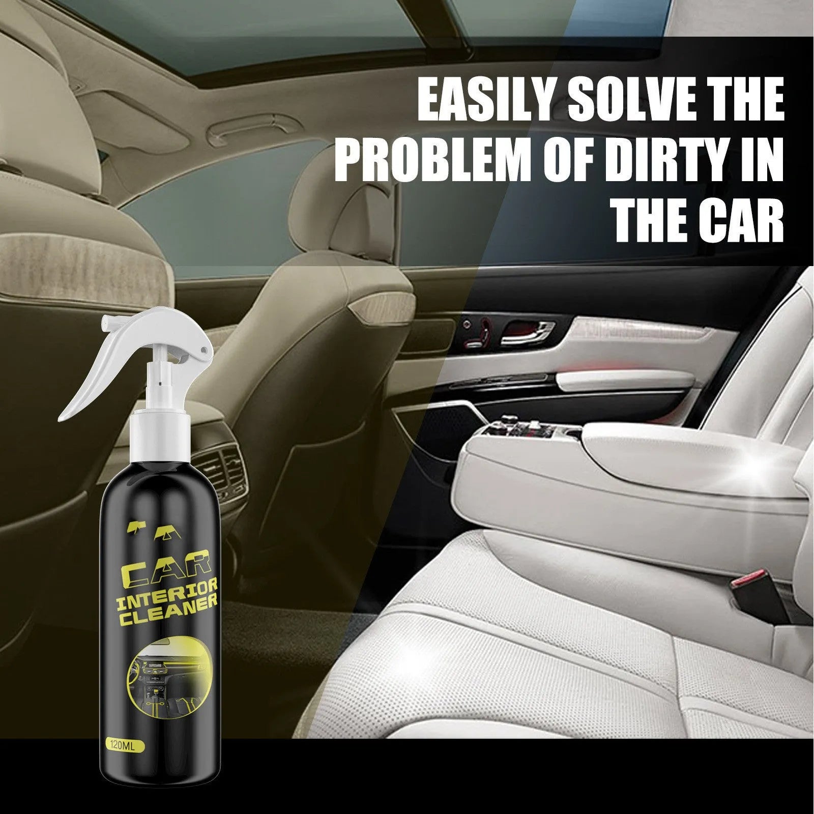 120ml bottle of car interior cleaner for leather and plastic dashboard maintenance.