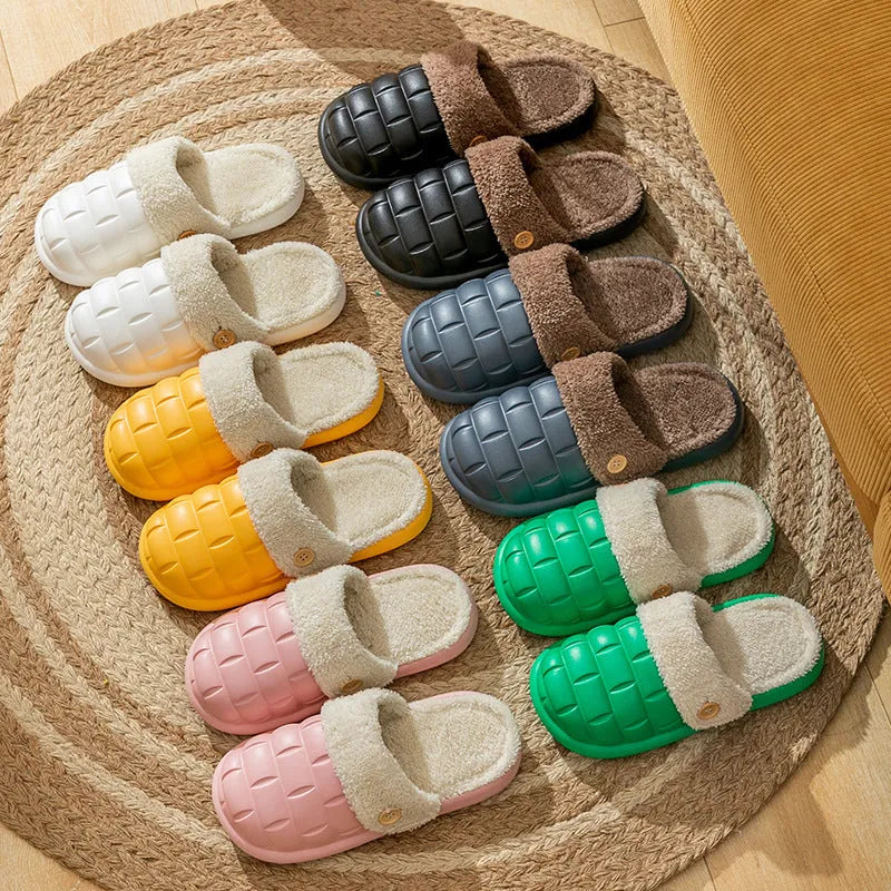 Plaid detachable EVA house slippers with plush lining, shown in pink for women.