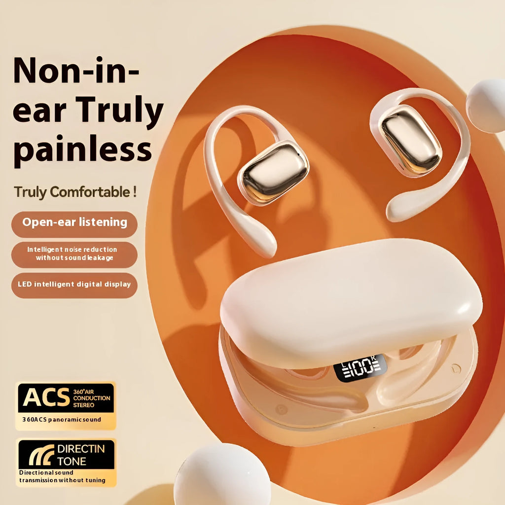 Ear-mounted wireless headphones with digital display screen in black, skin colour, or white