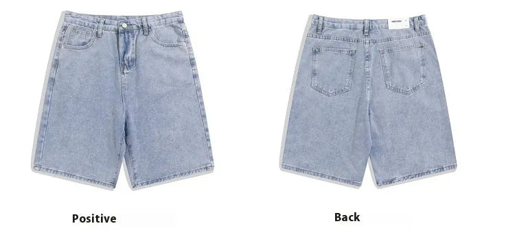 Men's light blue denim shorts showing five-pocket straight-leg design on a mid-waist